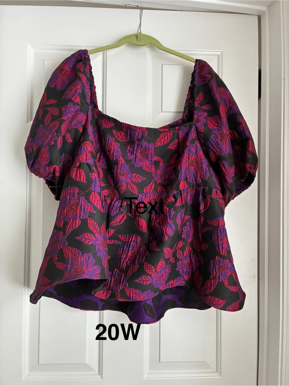Black Floral Puff-Sleeve Top with Pink & Purple Print